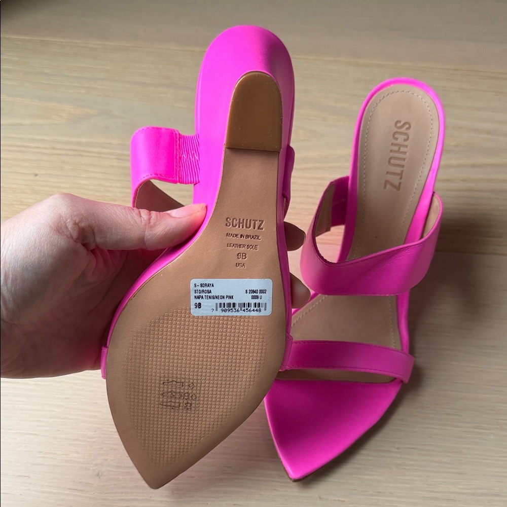SCHUTZ Neon Pink Pointed-Toe Wedge Slide Sandals - Picture 4 of 5